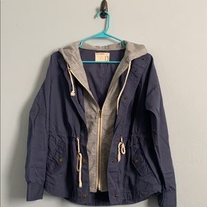 Blue jacket with false layered grey hoodie